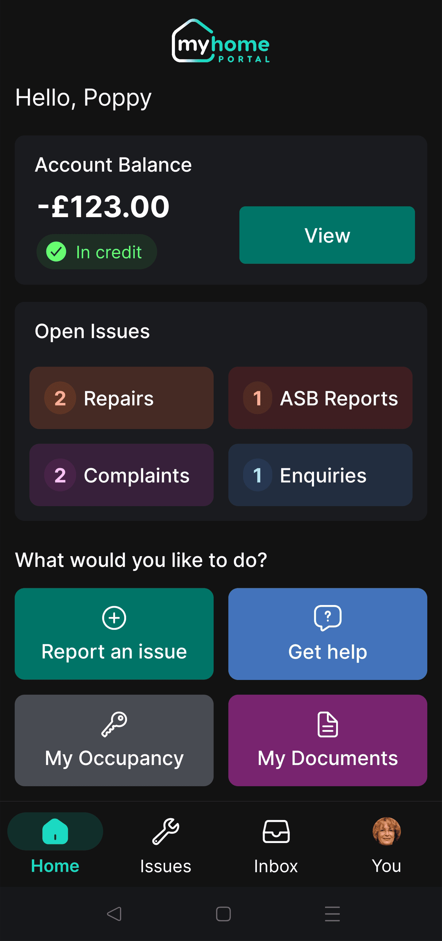 My Home Portal dashboard screenshot