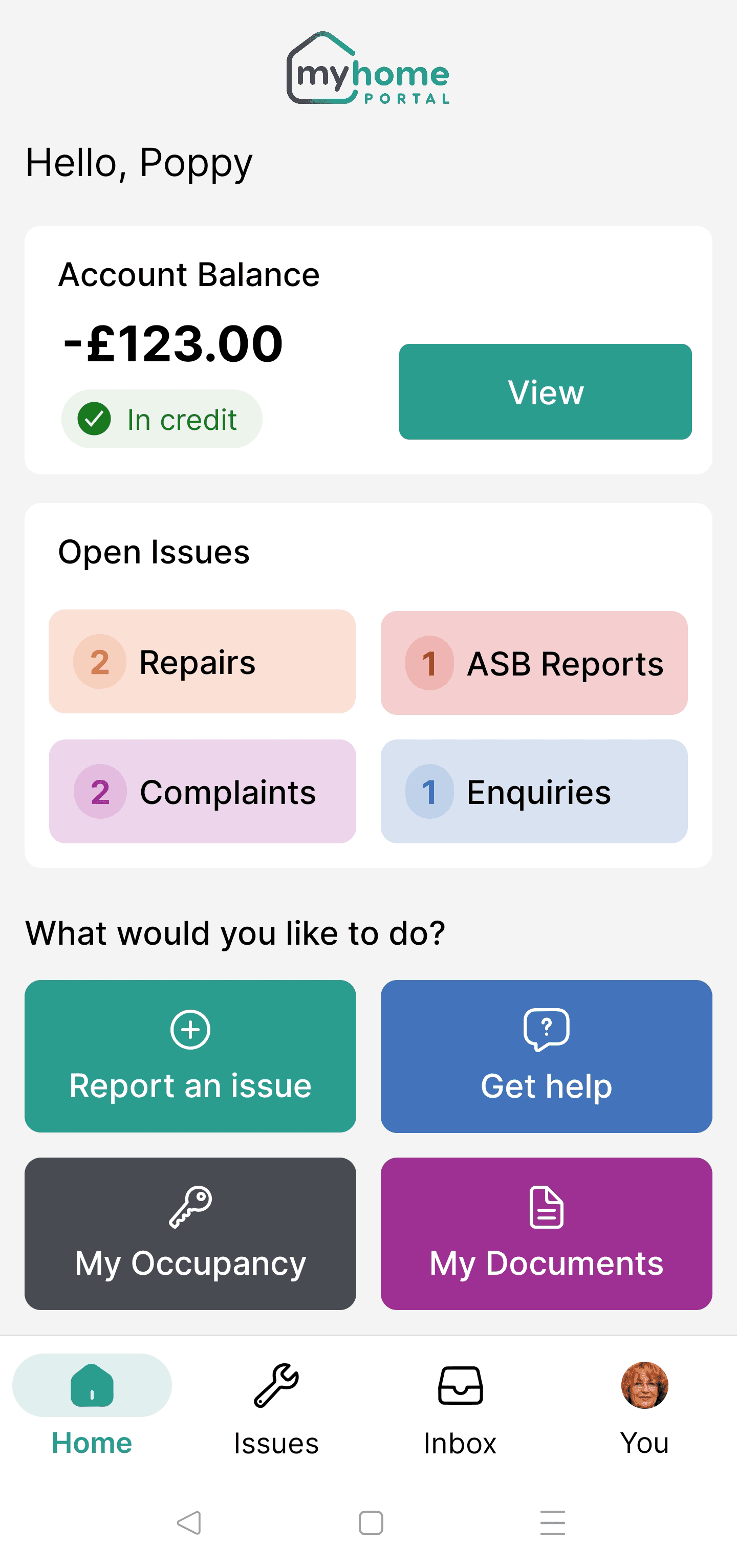 My Home Portal dashboard screenshot